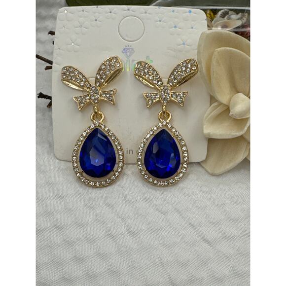 Gold Bow Drop Earrings with Sapphire Blue Teardrop Crystal - Picture 3 of 4
